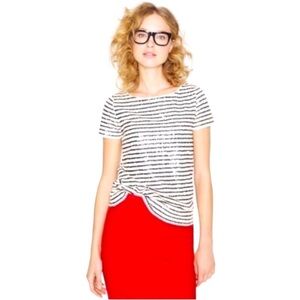 J. Crew Sequin Striped Short Sleeve Top Black & White Ladies Size Medium